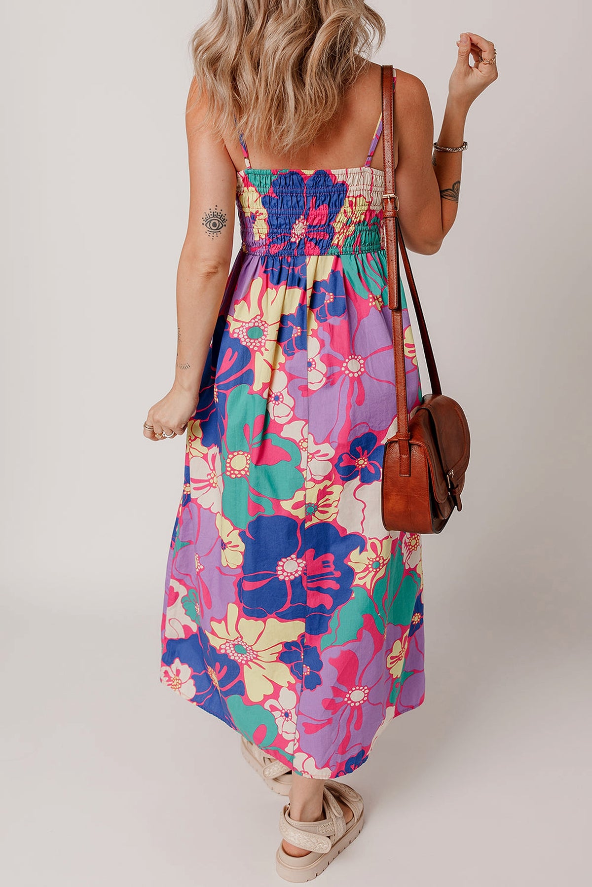 Purple Floral Print Shirred Spaghetti Strap Loose Maxi Dress - enhanced image 2