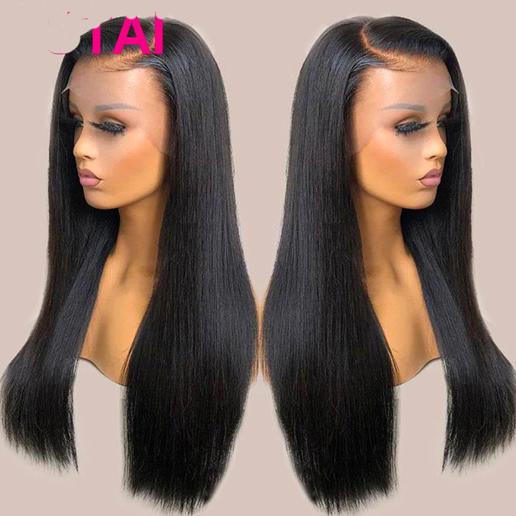 LuxeWave - Real Human Hair Lace Wig Set Straight Hair Black Medium Length - enhanced image 2