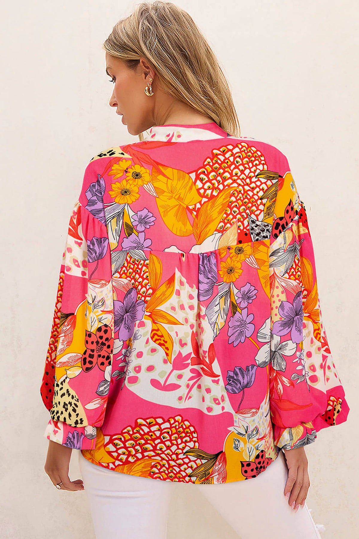 Red Abstract Floral Print Buttoned Ruffled Bubble Sleeve Shirt - enhanced image 2