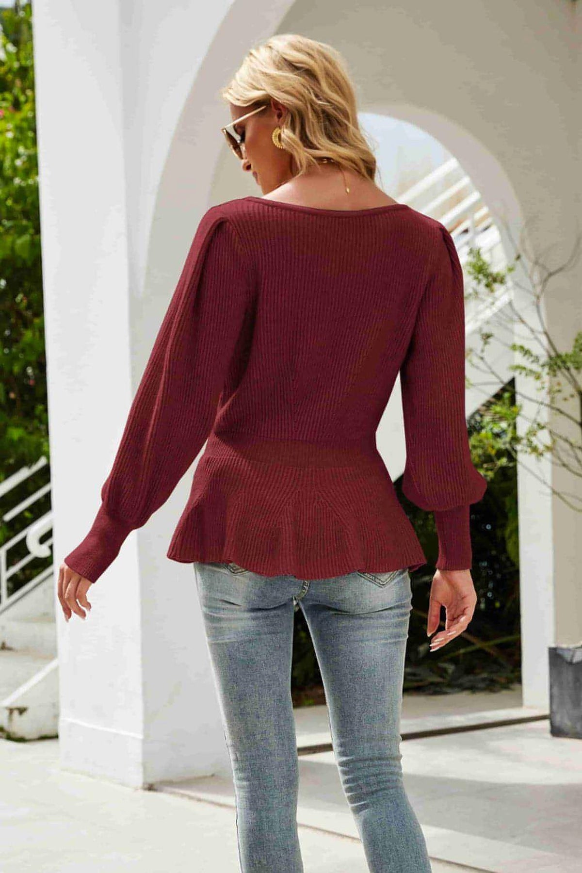 Ribbed Round Neck Lantern Sleeve Sweater - enhanced image 2
