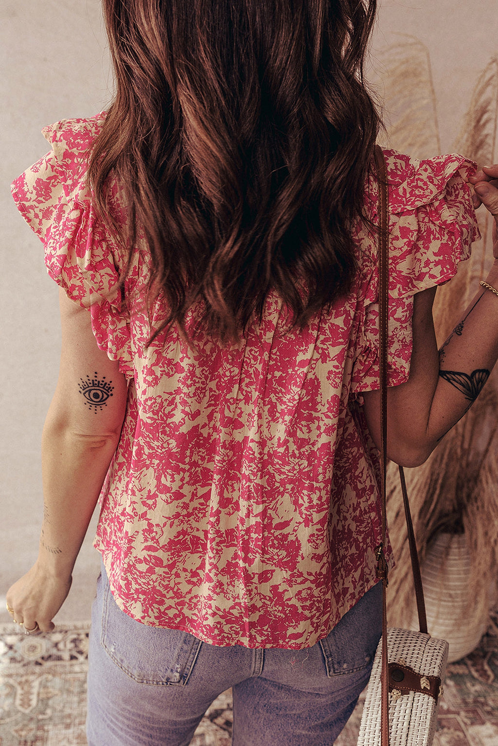 Rose Allover Printed Half Button Neck Ruffle Sleeve Blouse - enhanced image 2