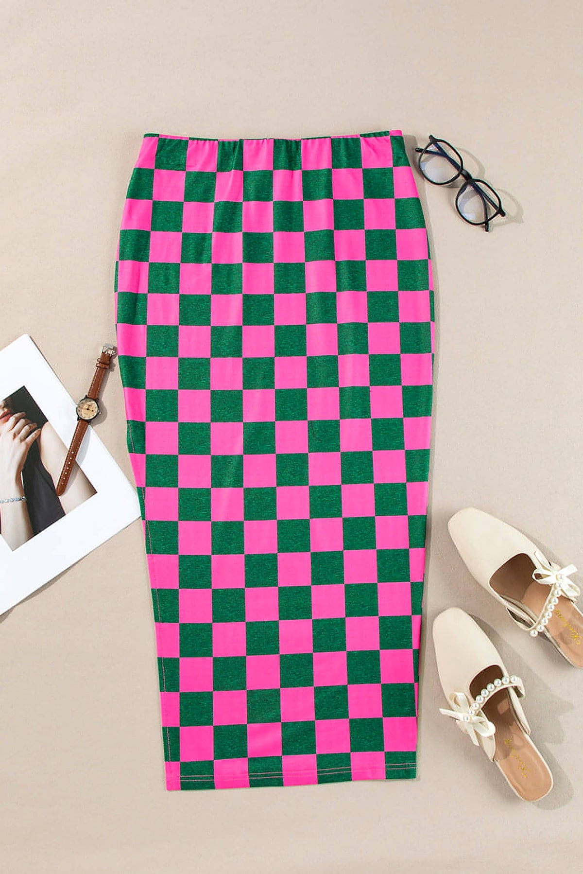 Rose Checkered Print Side Slit High Waist Midi Skirt - enhanced image 2