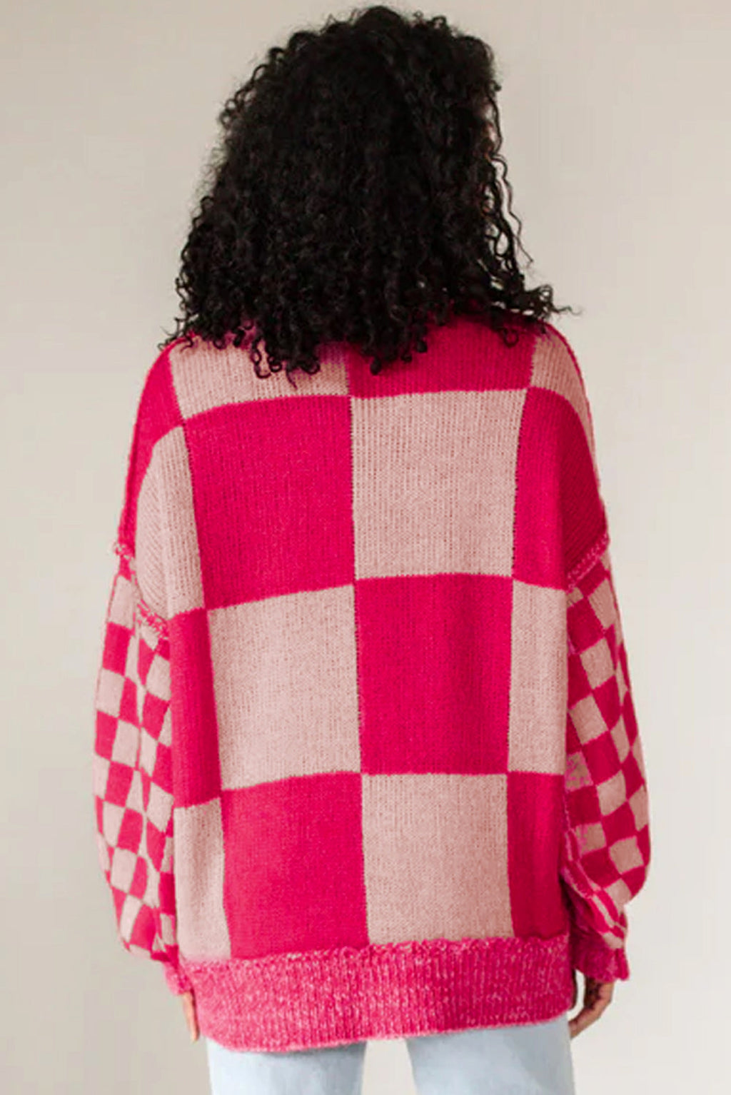 Rose Red Mixed Checkered Pattern Drop Shoulder Loose Sweater - enhanced image 2