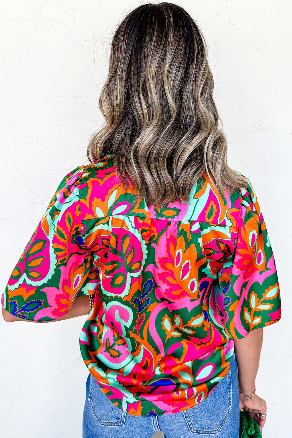 Rose Summer Plant Print Lace up V Neck Short Sleeve Blouse - enhanced image 2
