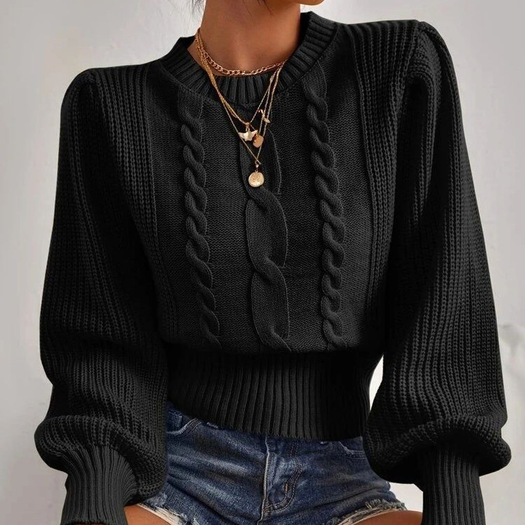 Round Neck Lantern Sleeve Cable-knit Sweater - enhanced image 2