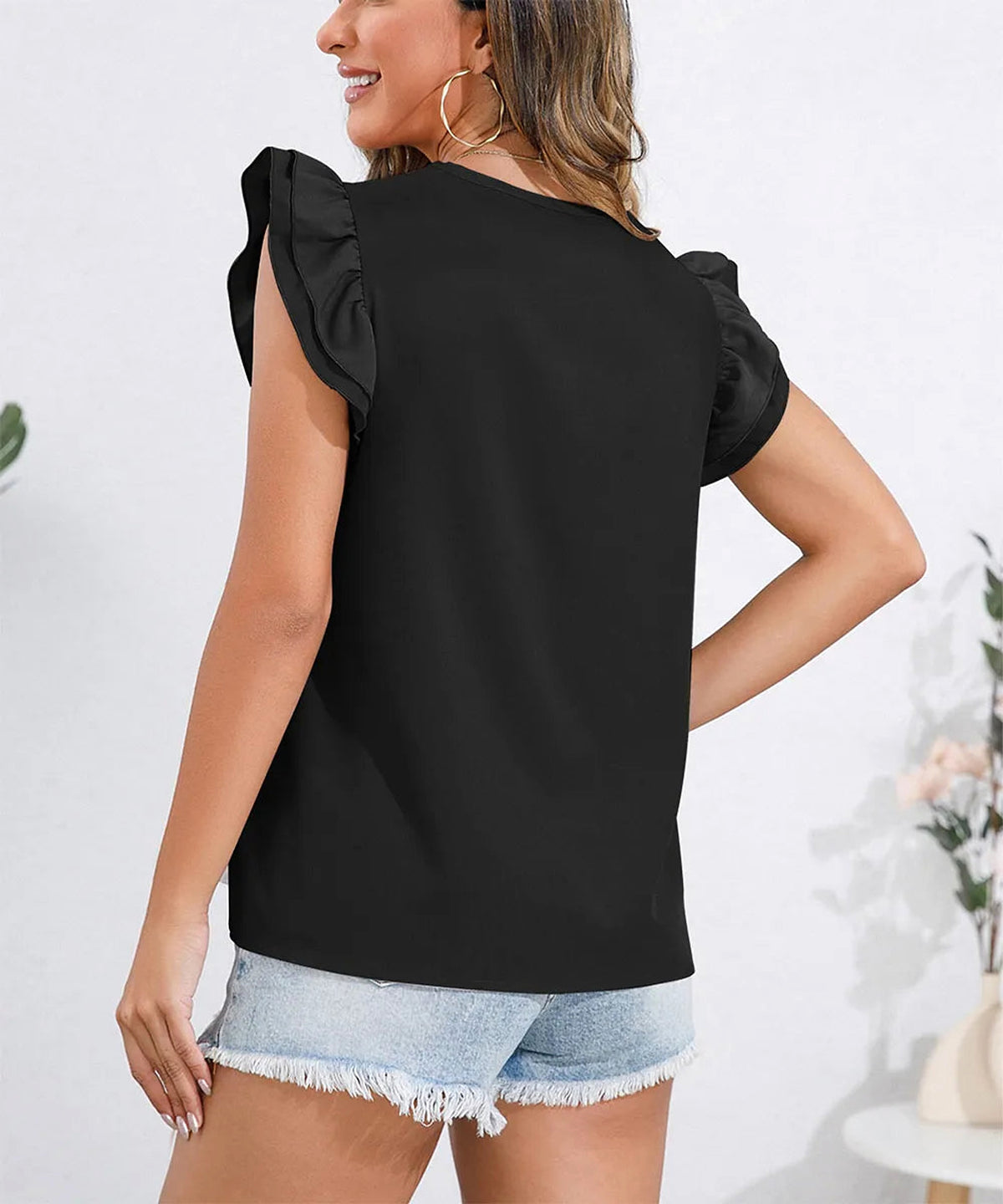 Ruffle Cap Sleeve Round Neck Blouse - enhanced image 2