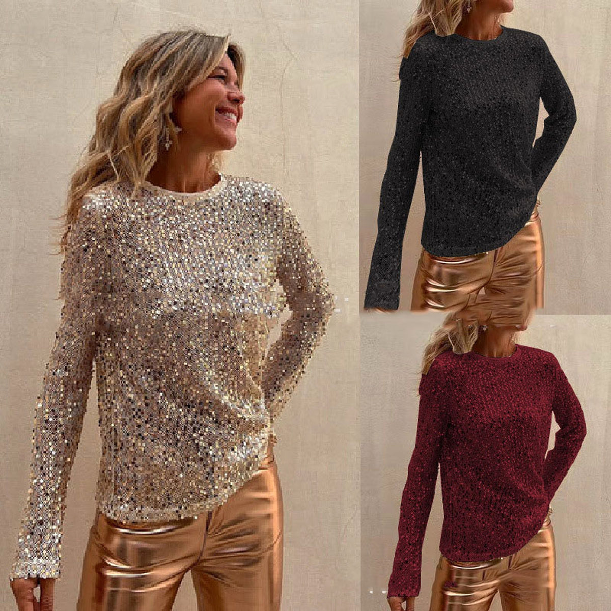 Sequined Mesh Long Sleeve T-Shirt Women - enhanced image 2