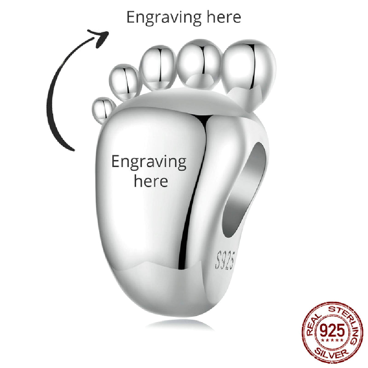 Silver Engraved Baby Footprint Bead – Personalized Charm for Bracelets - enhanced image 2