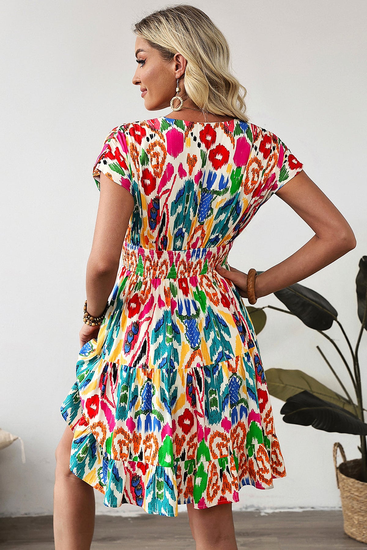 Sky Blue Abstract Print V Neck Dolman Sleeve Ruffle Tiered Mini Dress - enhanced image 2