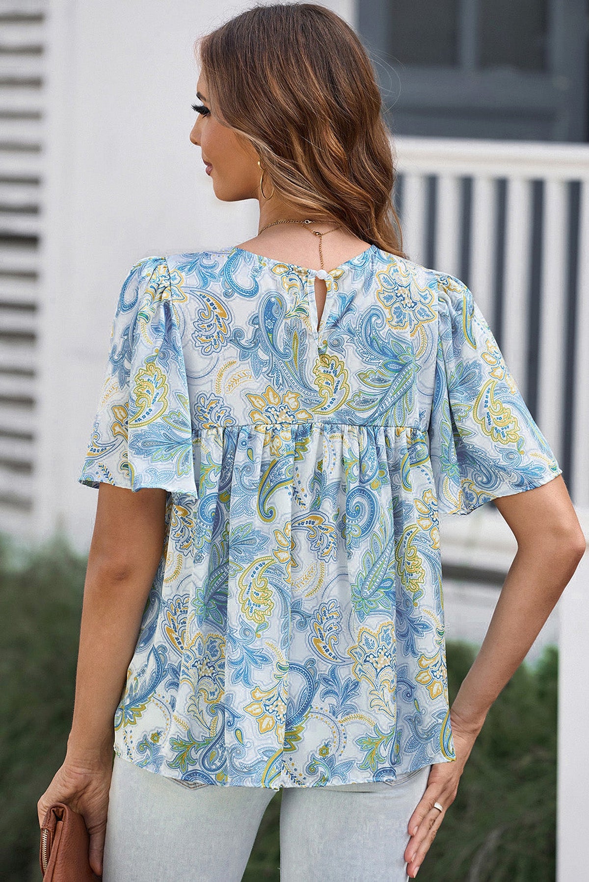 Sky Blue Paisley Print Wide Sleeves Loose Blouse - enhanced image 2