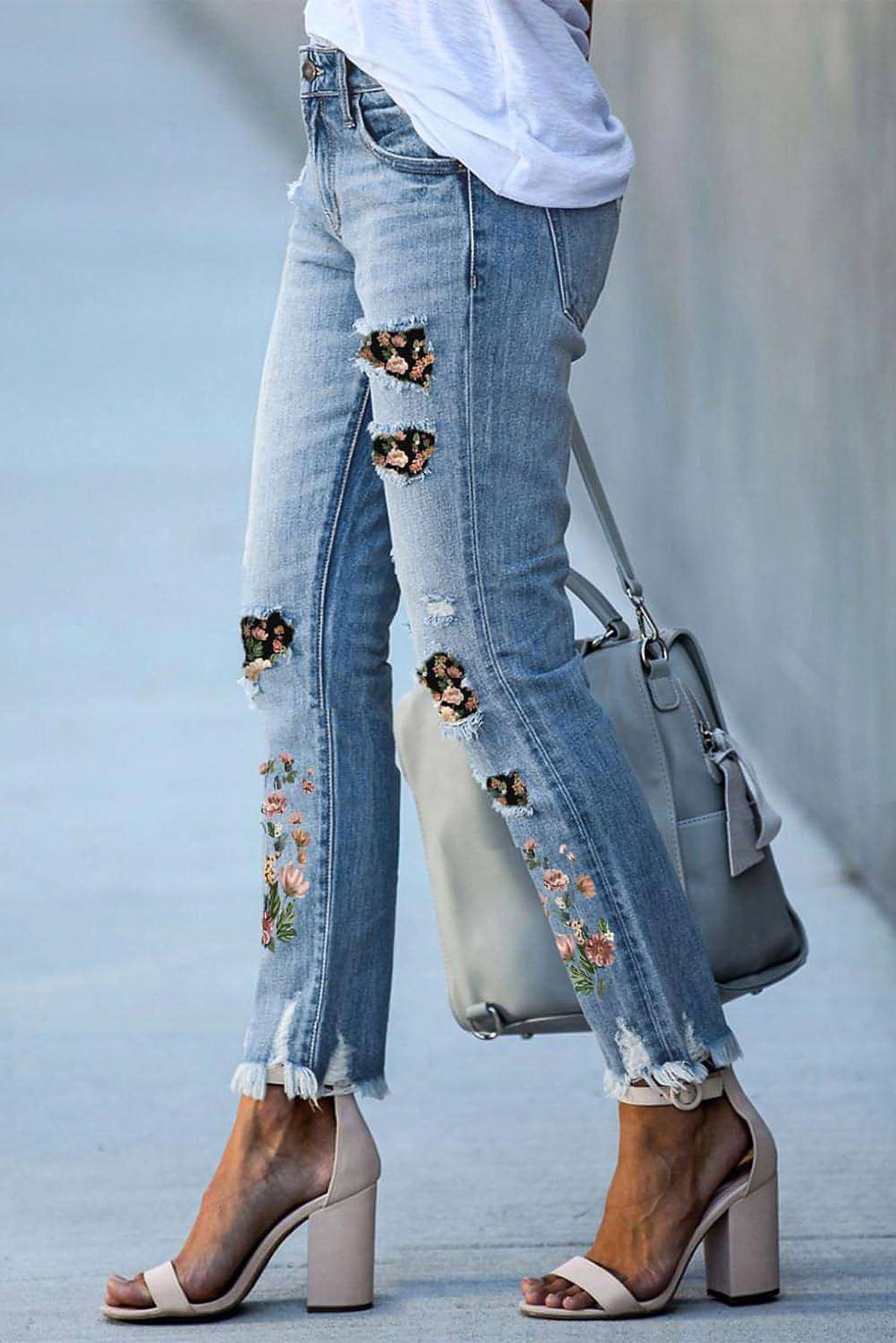 Sky Blue Printed Patch Ripped Skinny Jeans - enhanced image 2