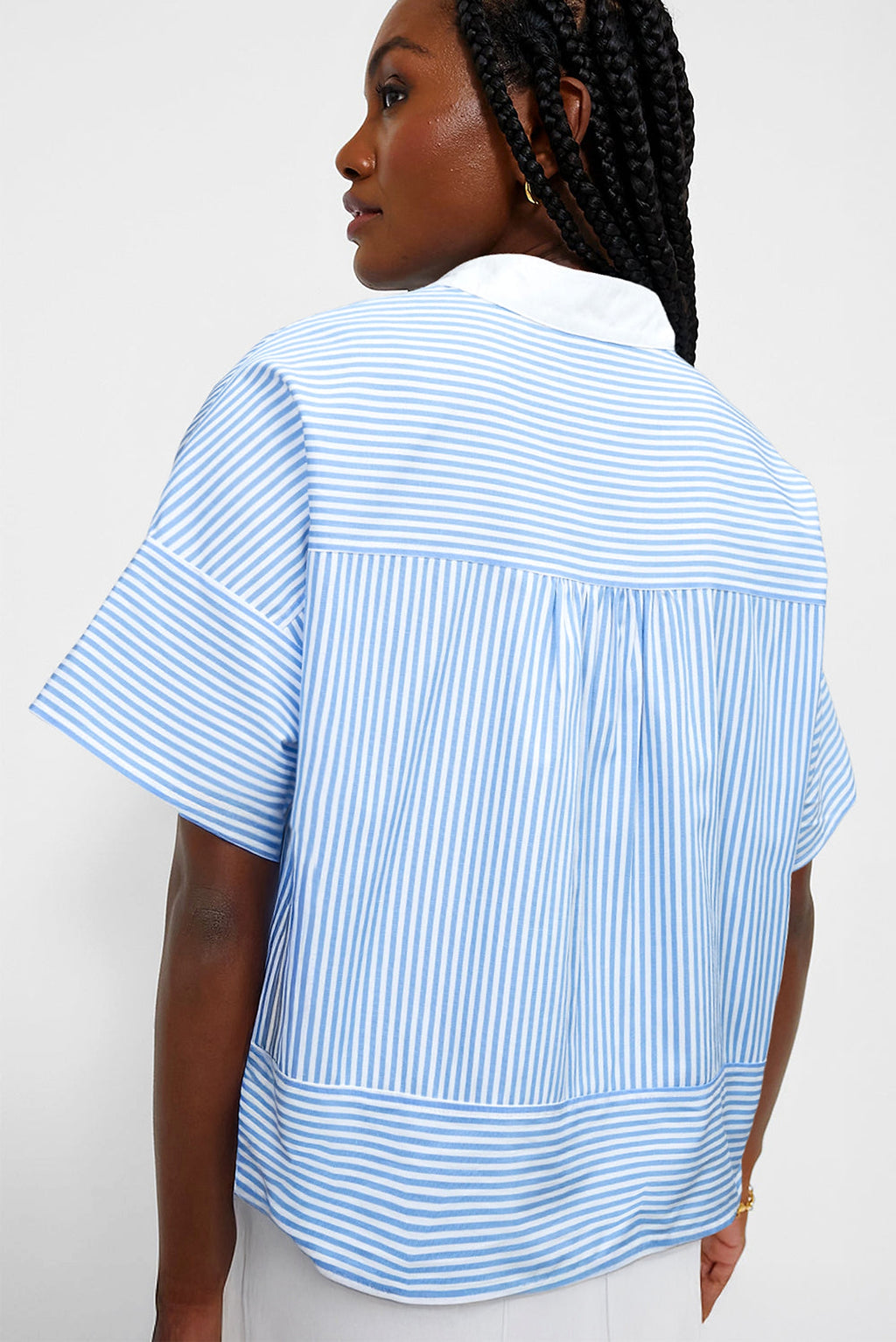 Sky Blue Stripe Contrast Collar Patchwork Hidden Button Short Sleeve Summer Shirt - enhanced image 2