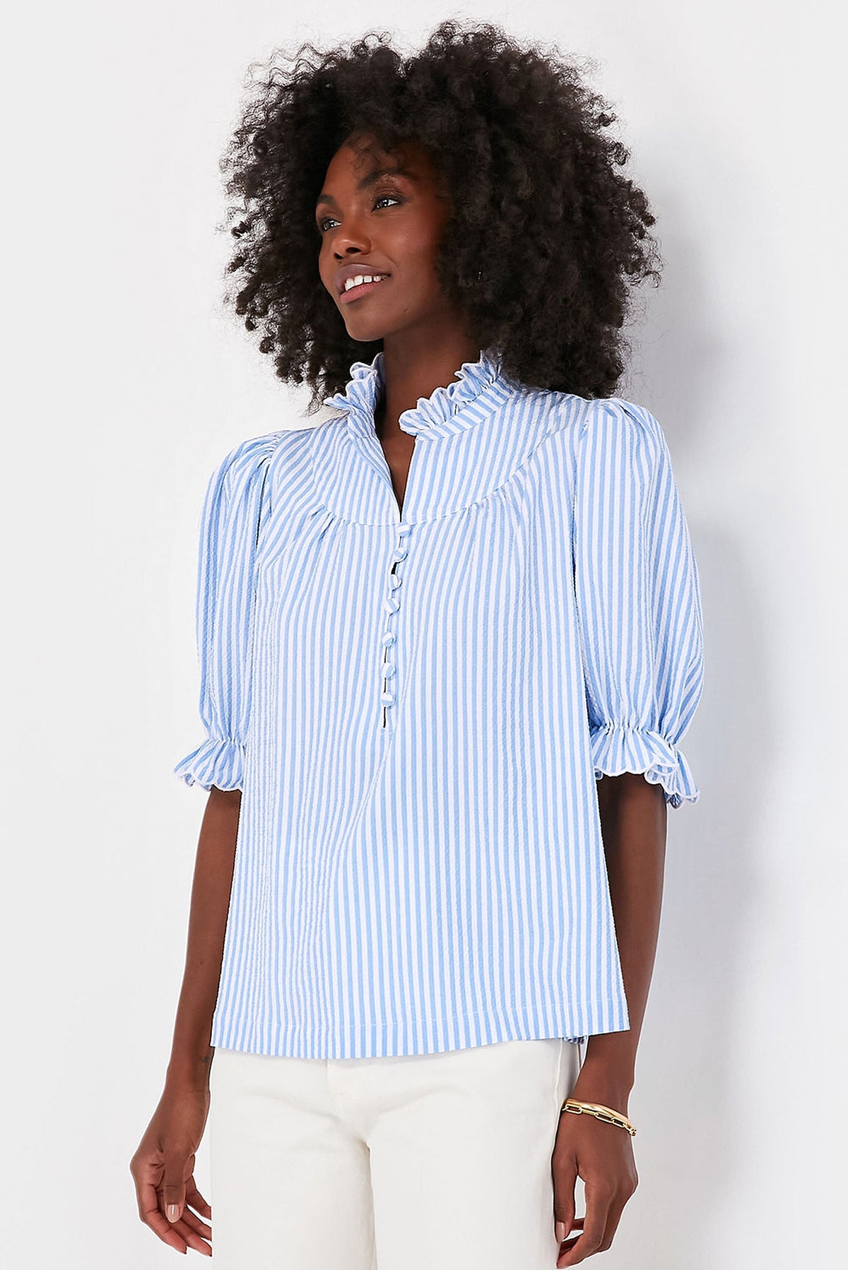 Sky Blue Stripe Ruffled Collar Puff Sleeve Half Buttons Blouse - enhanced image 2