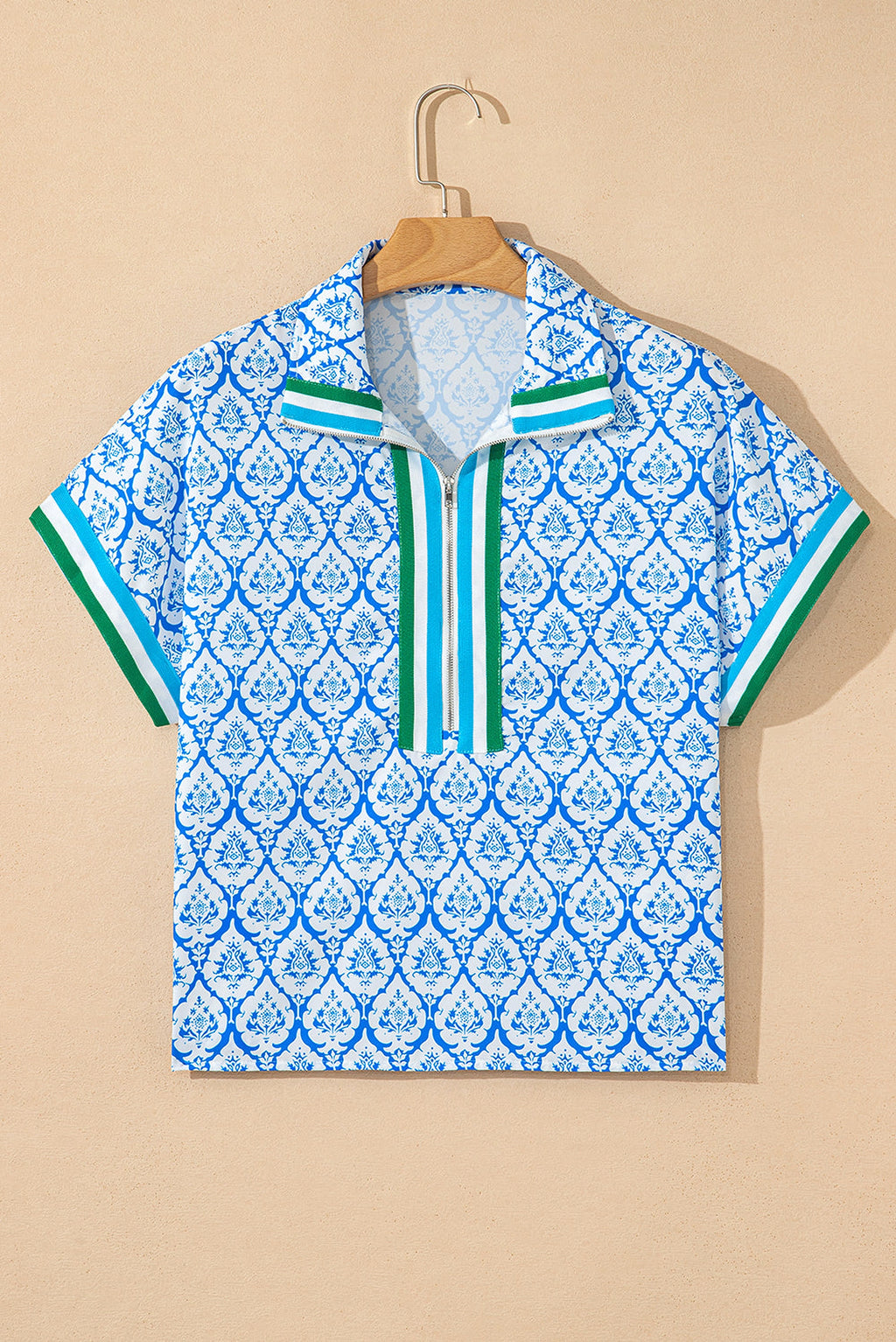 Sky Blue Western Print Zipped Collar Short Sleeve Summer Blouse Top - enhanced image 2