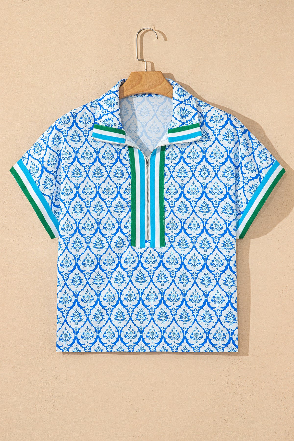 Sky Blue Western Print Zipped Collar Short Sleeve Summer Blouse Top - enhanced image 2