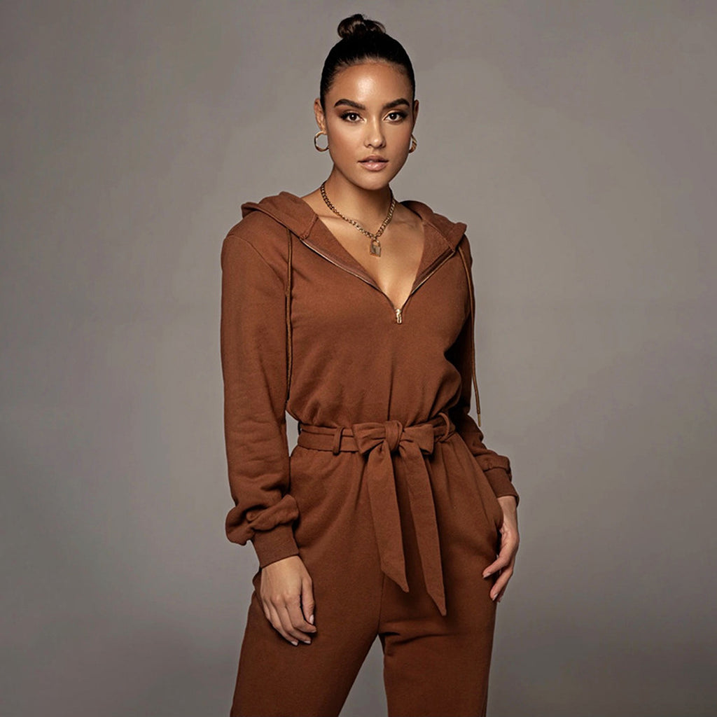 Slim-fit Long Sleeve Solid Color Hooded Half-open Collar Urban Leisure Women's Jumpsuit - enhanced image 2