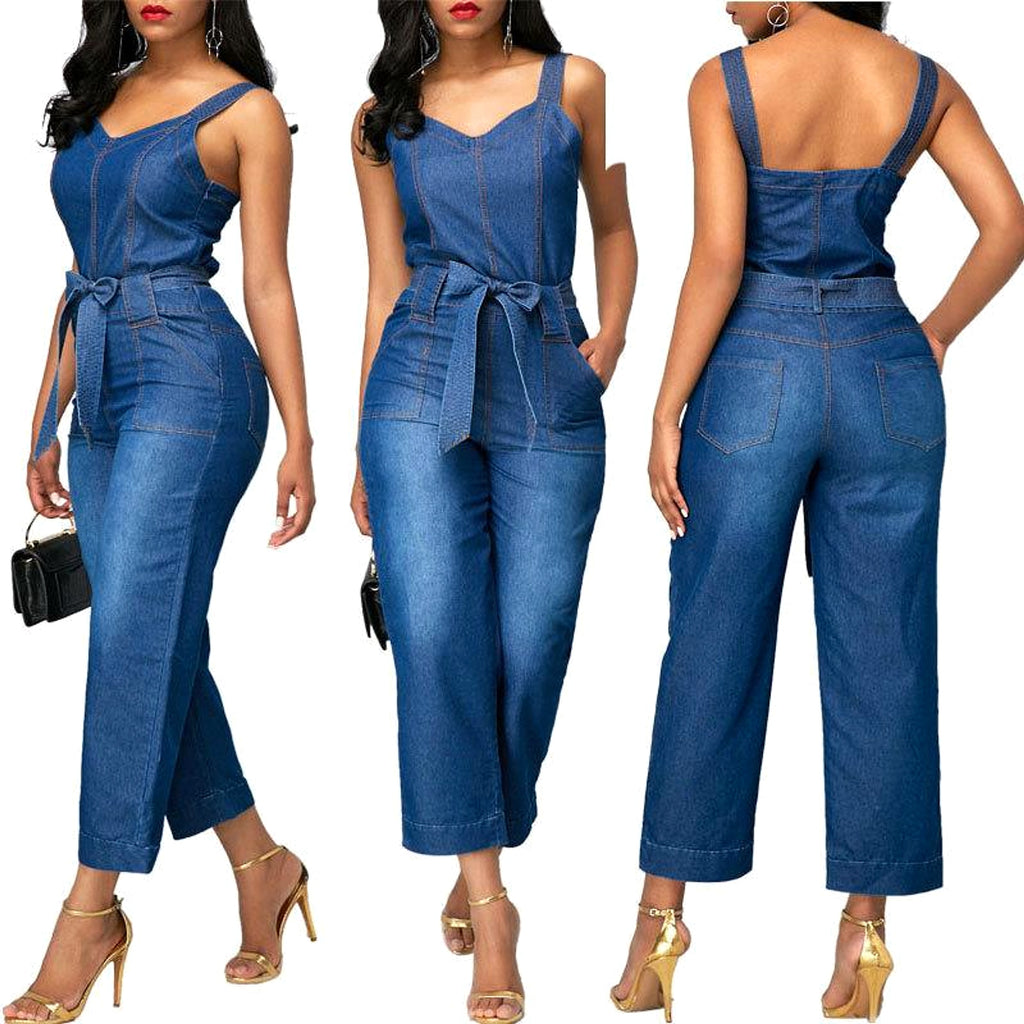 Sling Bowknot Denim Jumpsuit - enhanced image 2