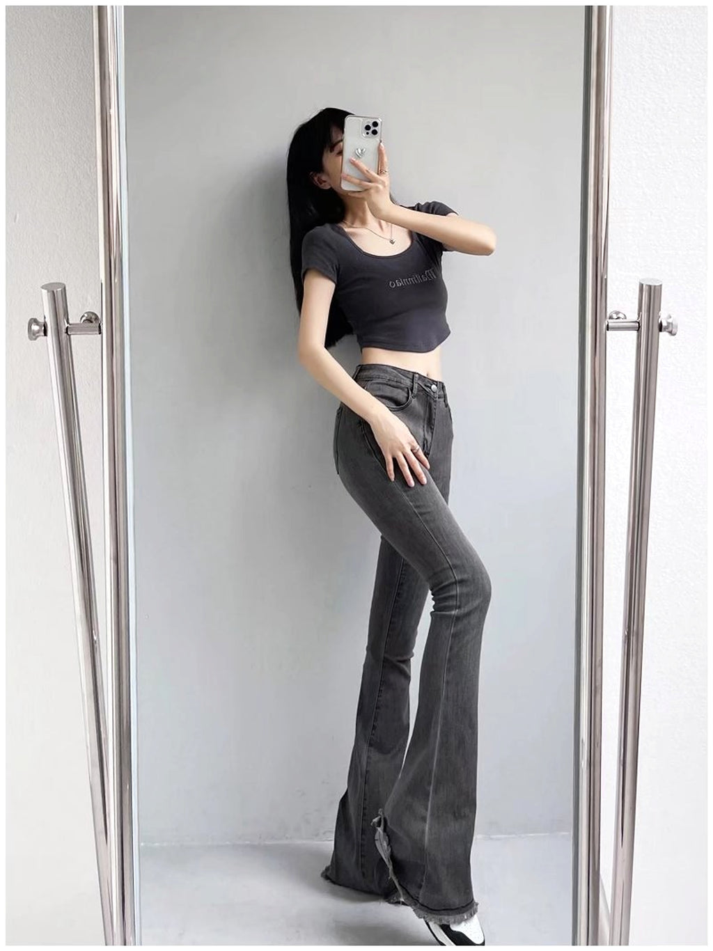 Small High Waist Raw Hem Jeans Retro Women - enhanced image 2
