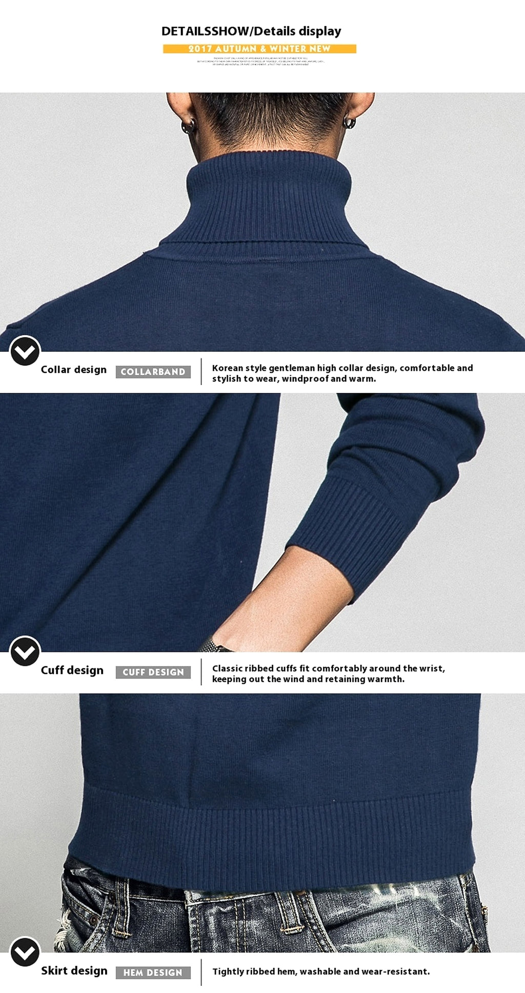 Solid Color Long Sleeve Turtleneck Pullover Men's Base Sweater - enhanced image 2