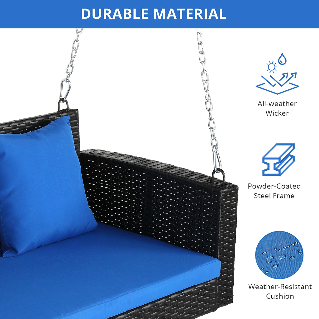 SolunaSwing™ – 4ft Black Rattan Hanging Chair with Blue Cushions - enhanced image 2