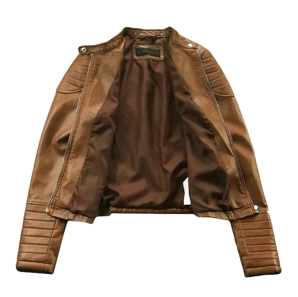 Standing Collar Motorcycle Pu Slim Leather Jacket Women Short - enhanced image 2