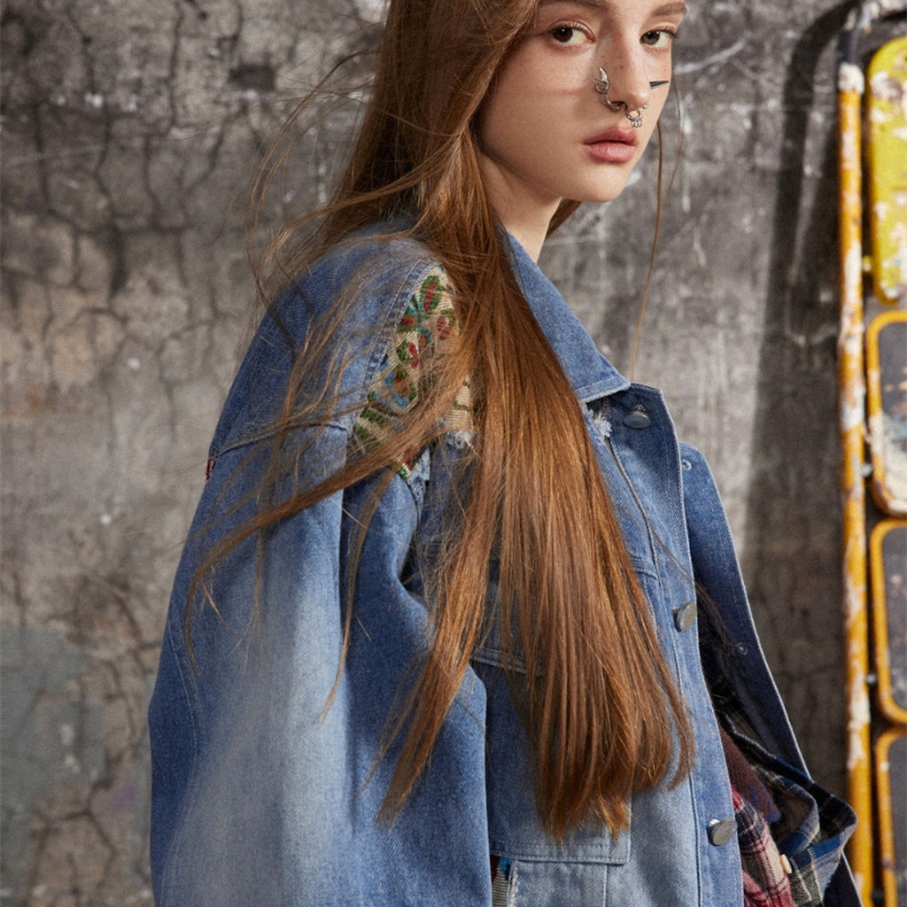 1. Stitching Embroidery Frayed Hem Denim Jacket Women - enhanced image 2