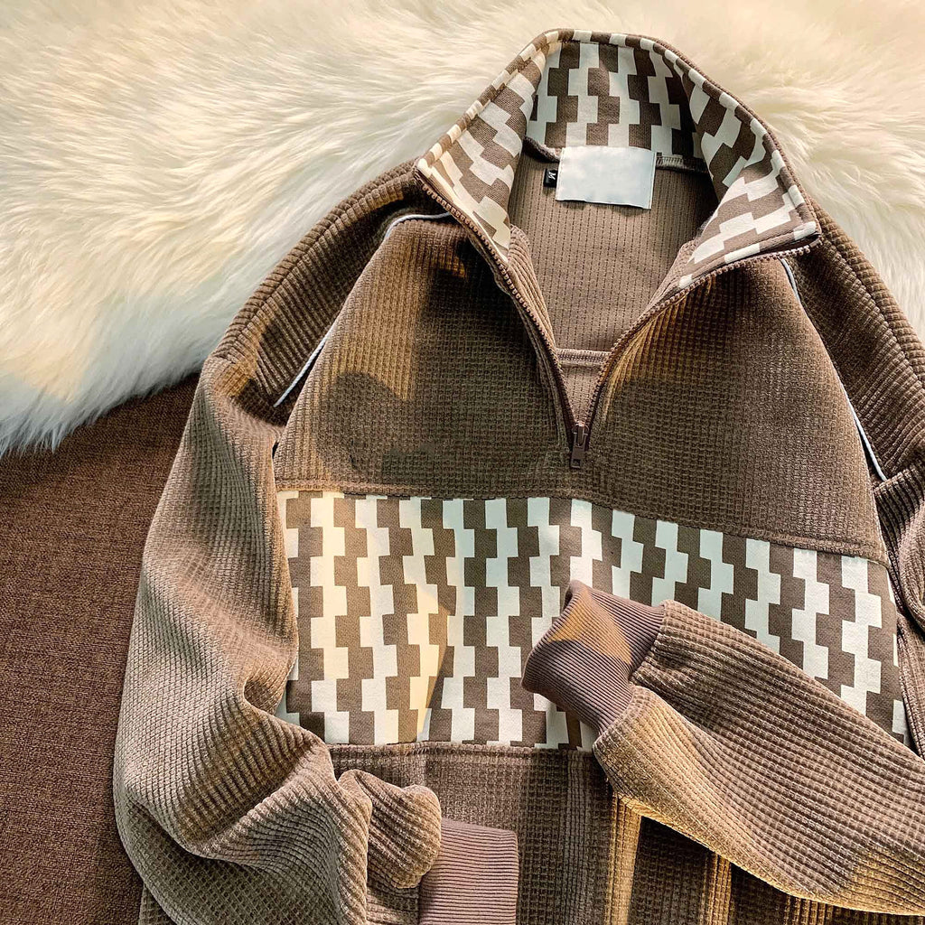 Stitching Waffle Stand Collar Sweater Men - enhanced image 2