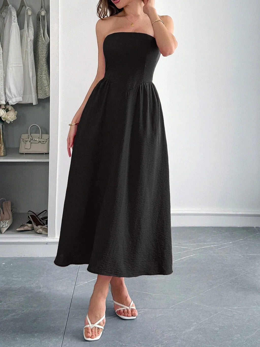 Strapless A-Line Midi Dress with Pockets - enhanced image 2
