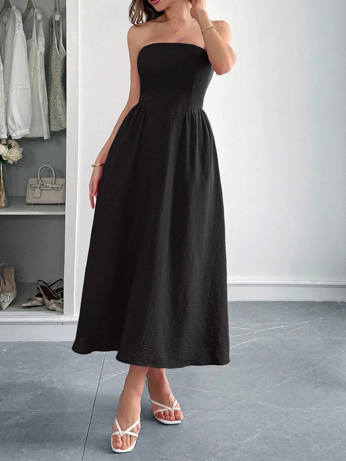 Strapless A-Line Midi Dress with Pockets - enhanced image 2