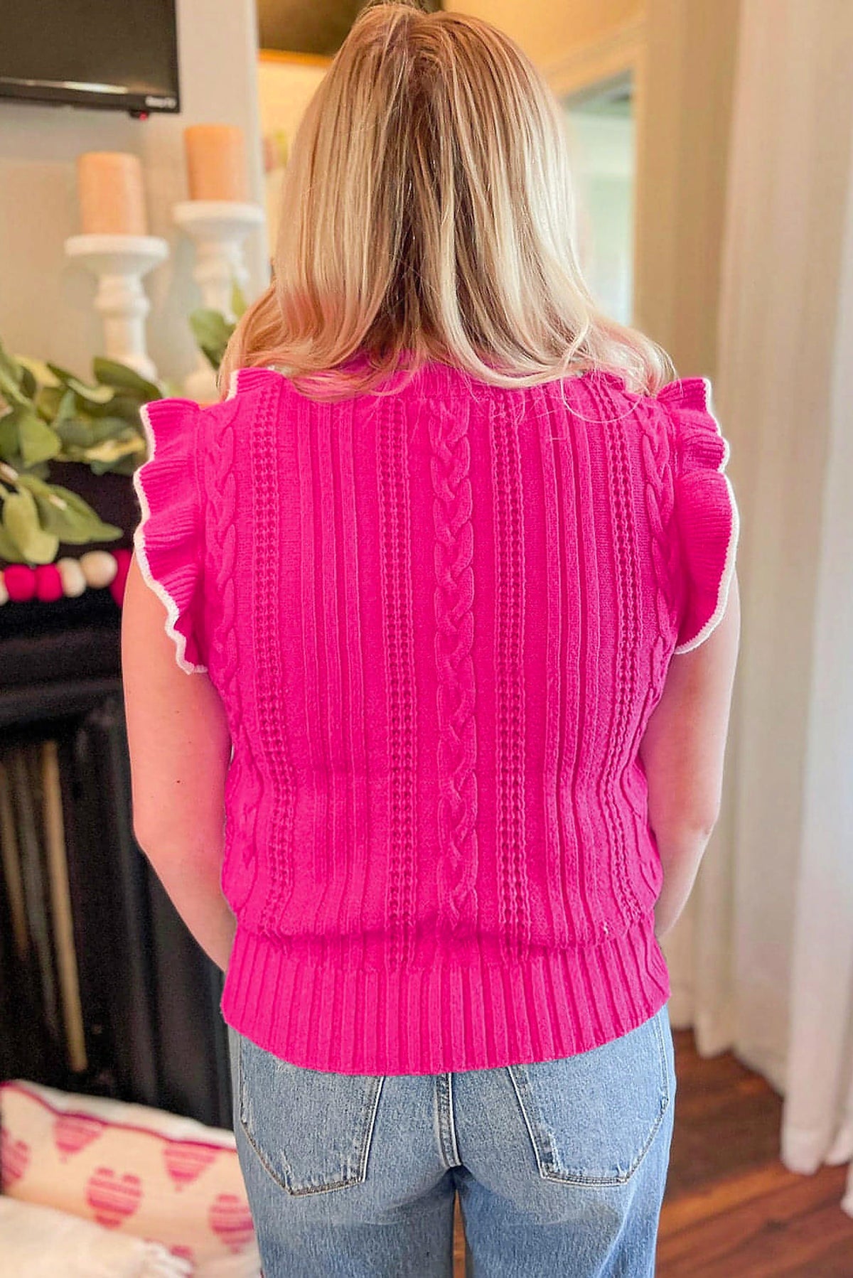 Strawberry Pink Textured Knit Ruffled Mock Neck Sweater Tank - enhanced image 2