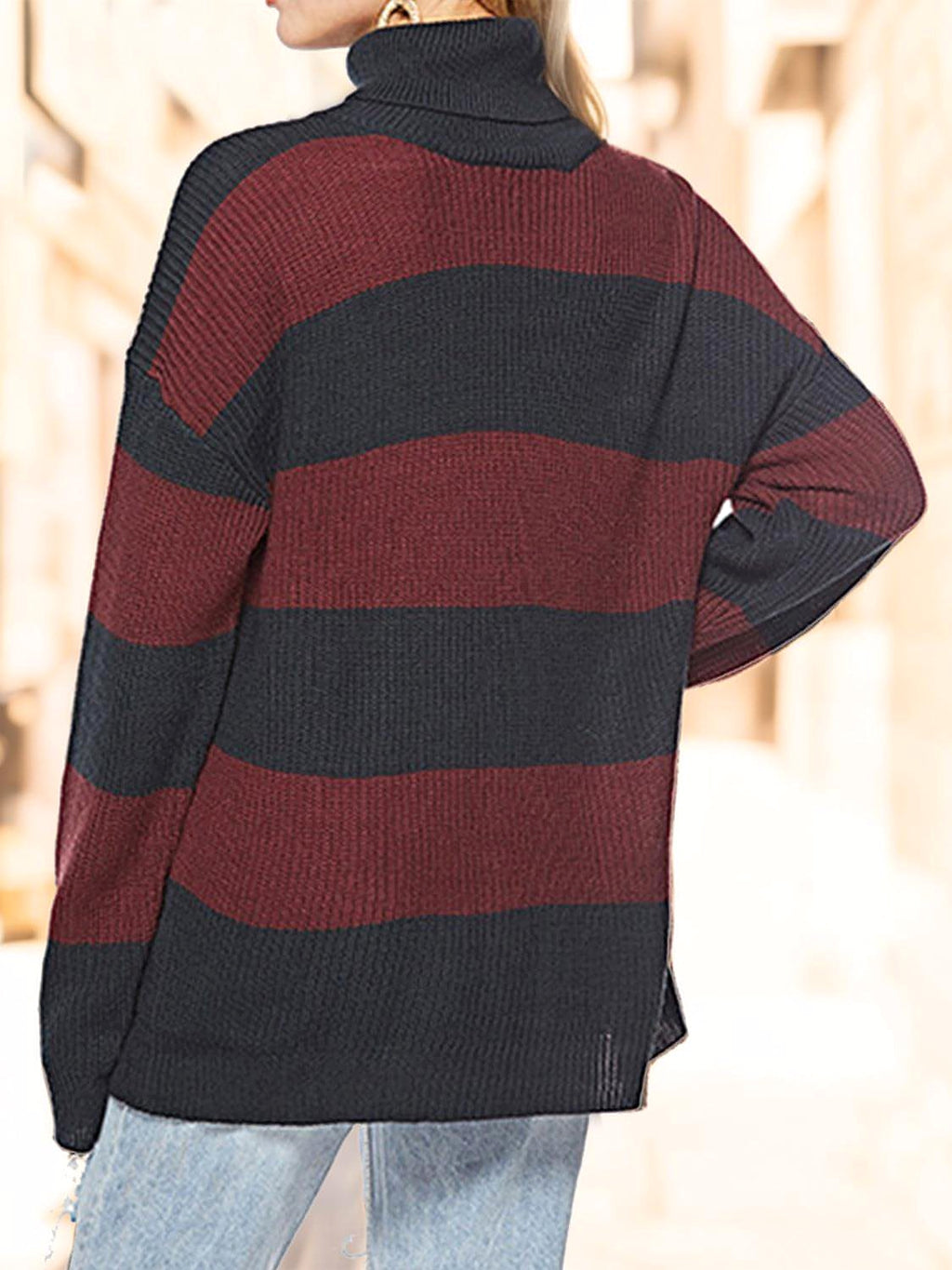 Striped Turtleneck Long Sleeve Sweater - enhanced image 2