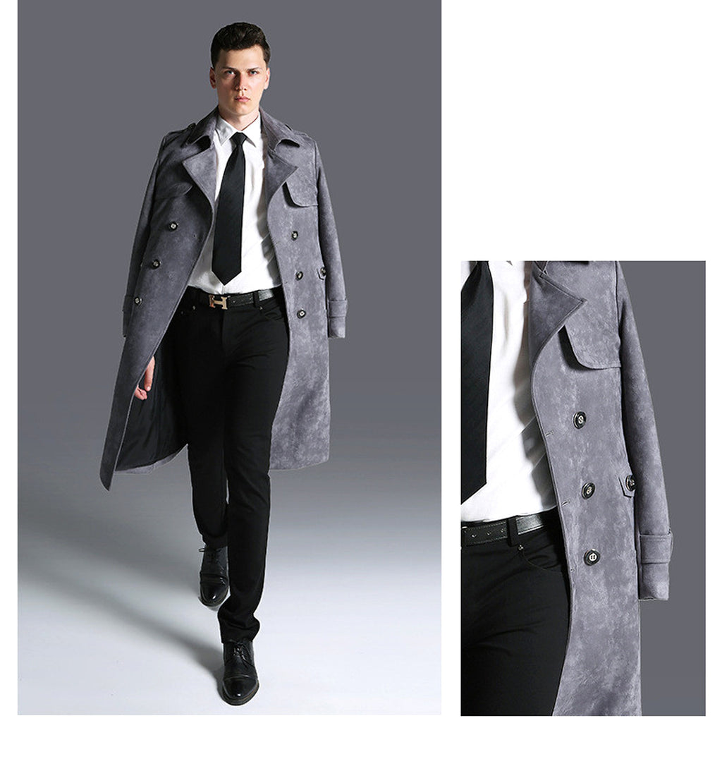 Suede Men's Solid Color Trench Coat - enhanced image 2
