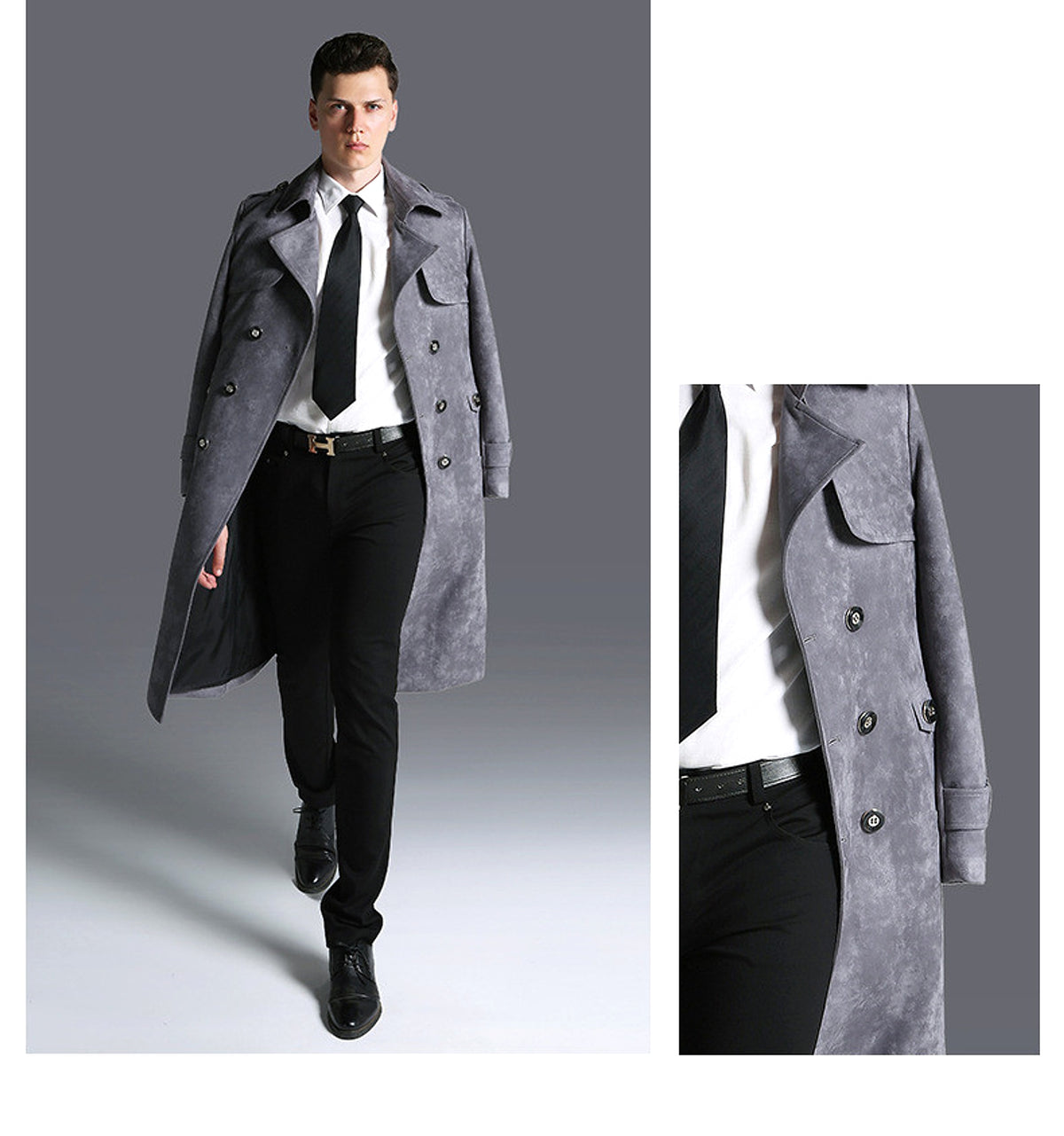 Suede Men's Solid Color Trench Coat - enhanced image 2