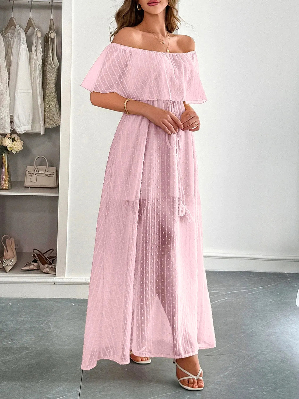 Swiss Dot Off Shoulder Maxi Dress - enhanced image 2
