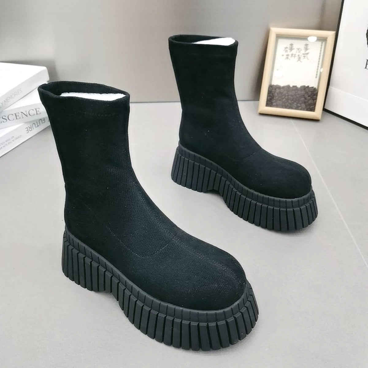 Thick Sole Long Boots Solid Color New Fashion Trendy Fly-woven Elastic Shoes Women's Winter FootwearHigh Boots - enhanced image 2