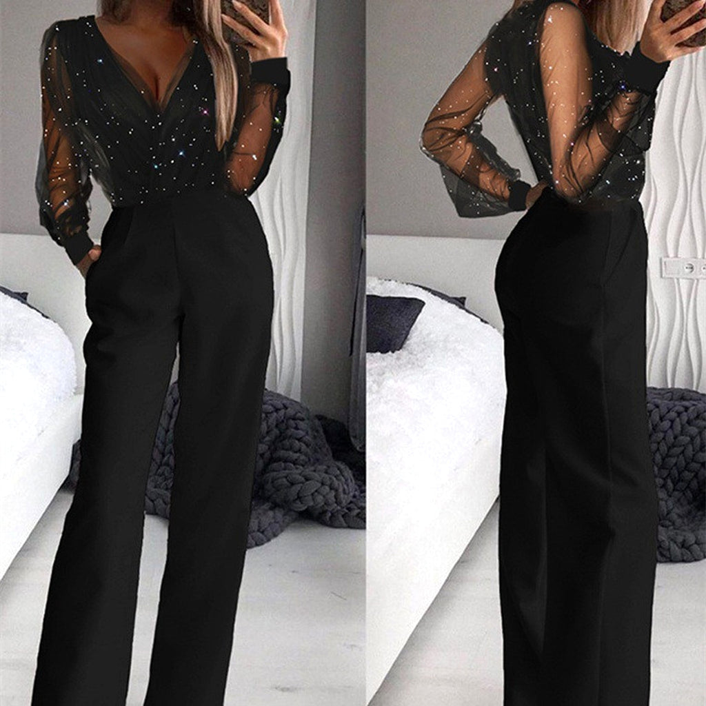 Trendy Shiny Mesh Dusting Powder Stitching High-end Elegant Jumpsuit - enhanced image 2