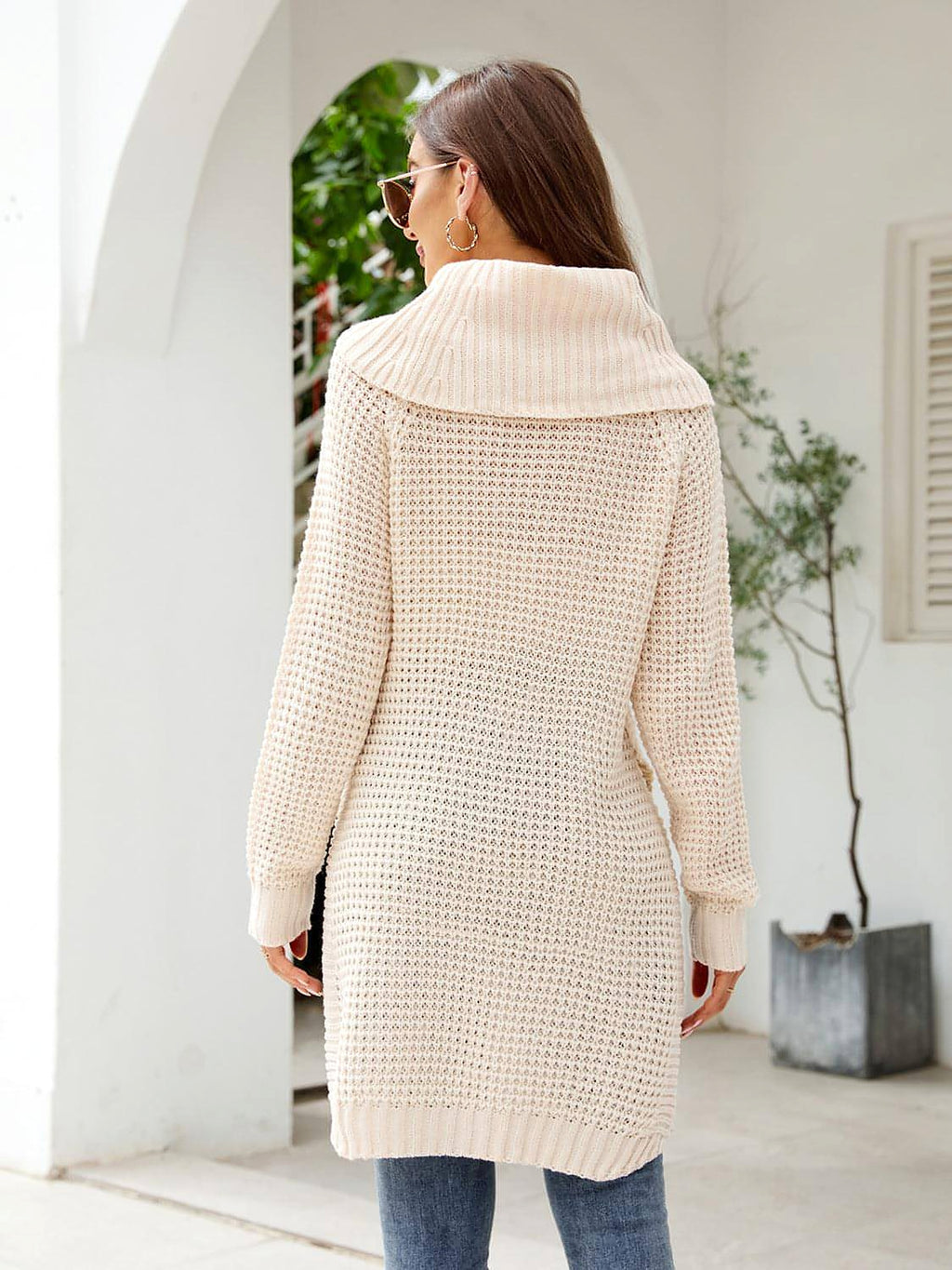 Turtleneck Waffle-Knit Slit Sweater Dress - enhanced image 2