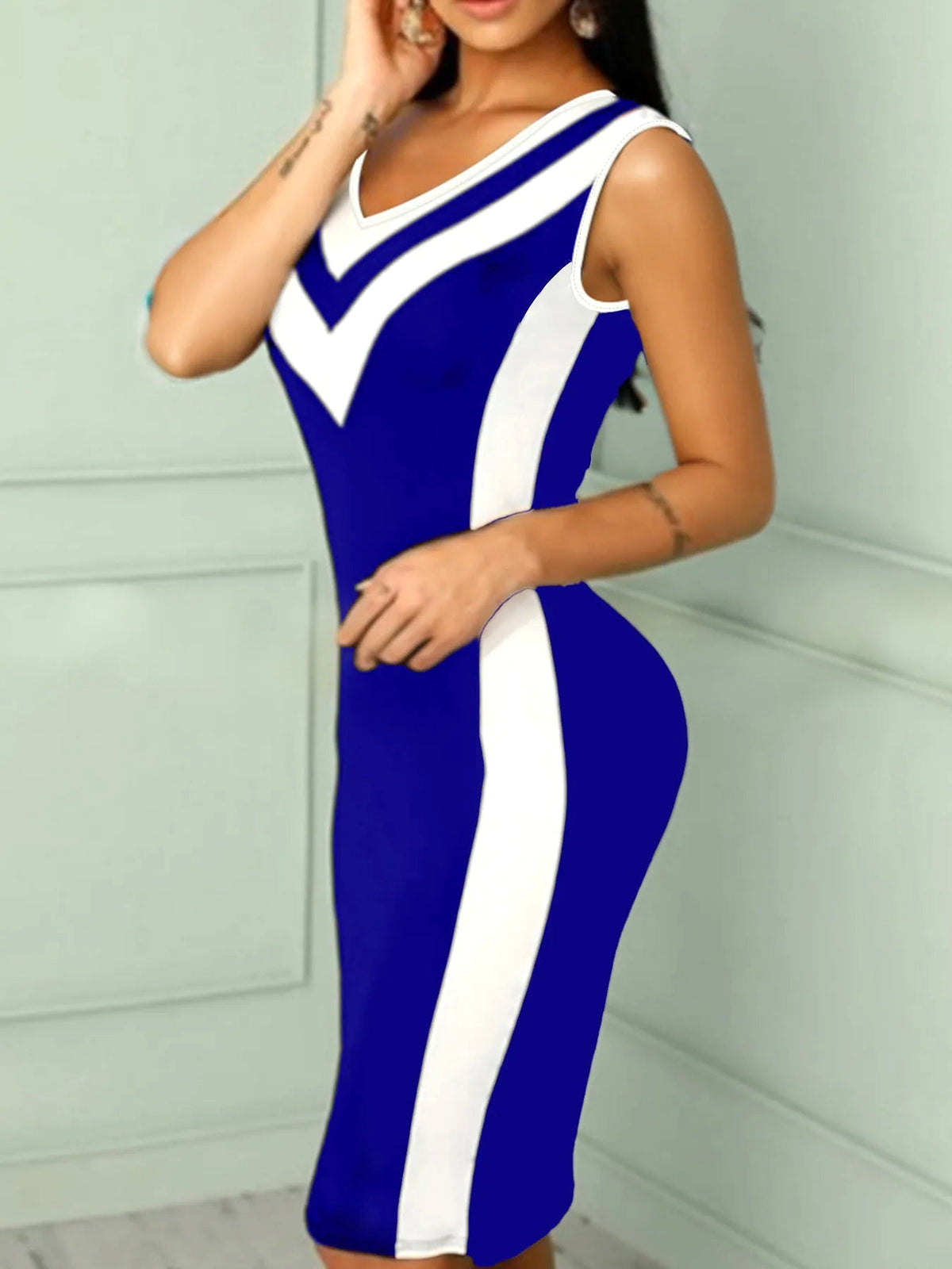 V-Neck Colorblock Sleeveless Bodycon Dress - enhanced image 2