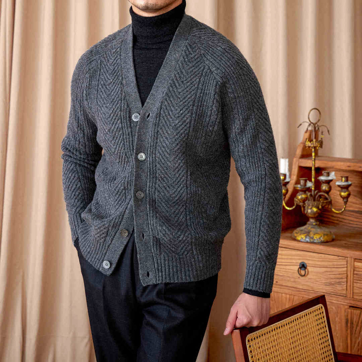 V-neck Solid Color Jacquard Knitted Cardigan Sweater Coat - enhanced image 2