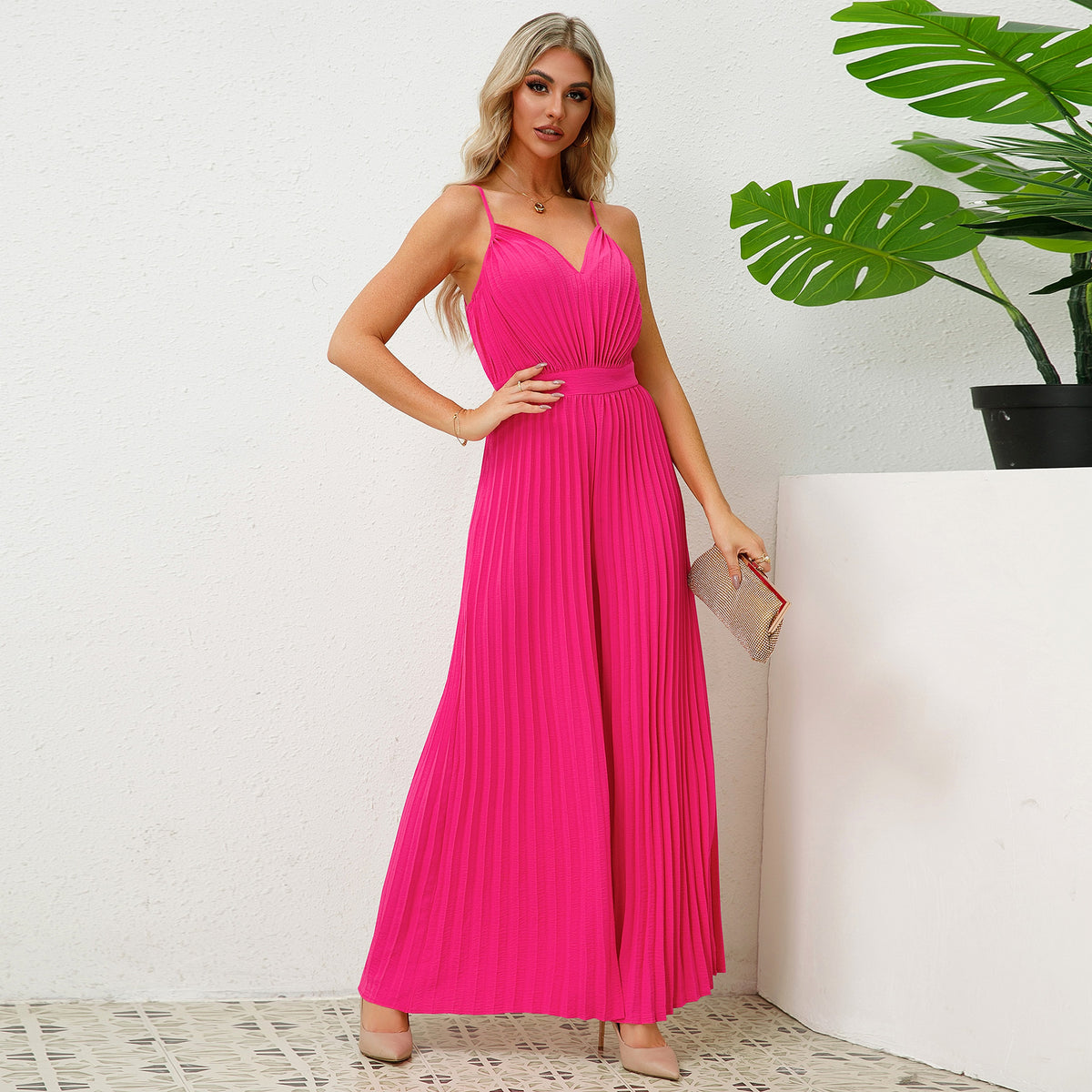 V-neck Suspender Pleated Jumpsuit Women - enhanced image 2