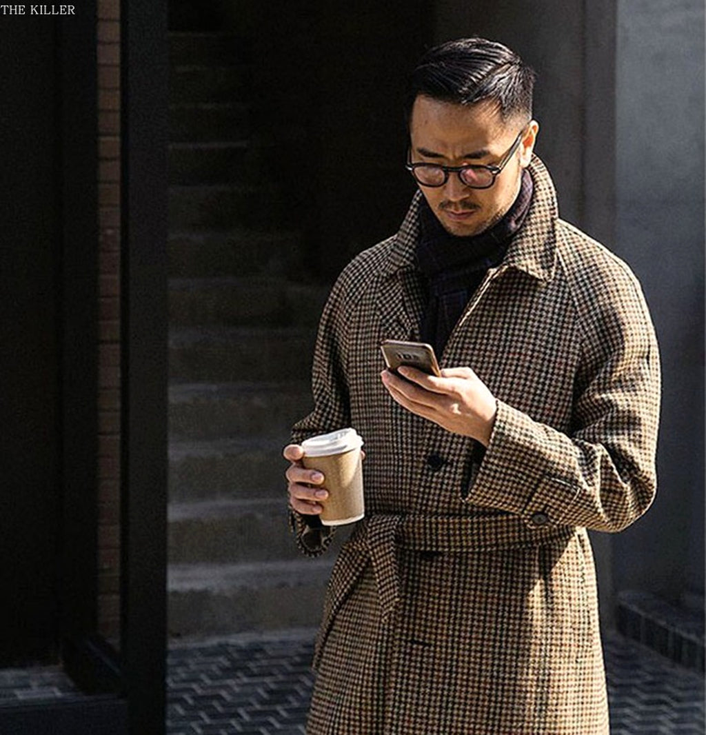 Vintage Gentleman Houndstooth Men's Clothing Woolen Trench Coat - enhanced image 2