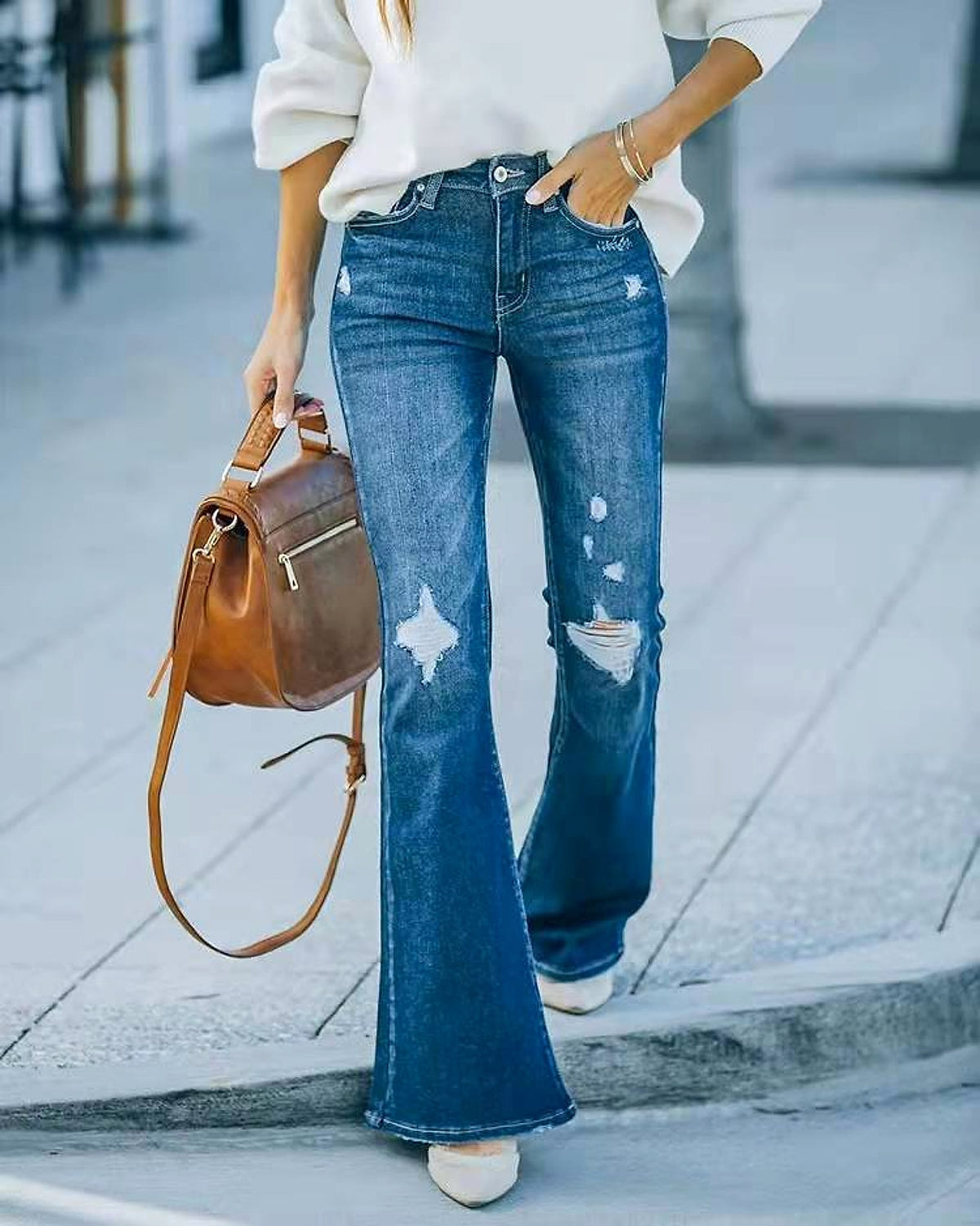 Washed Bell-bottom Pants Elastic Ripped Women - enhanced image 2