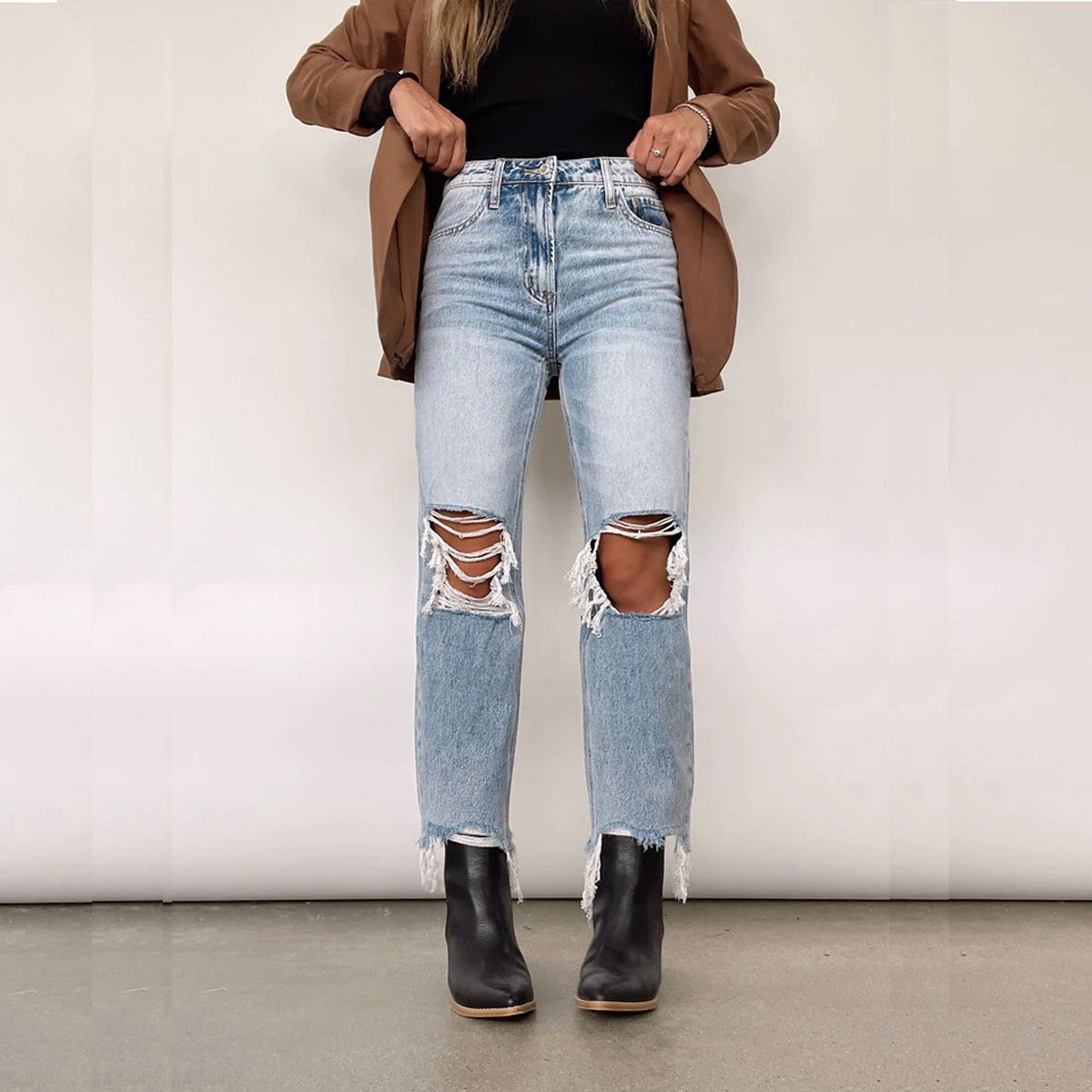Water Washed Hole High Waist Loose Straight Trousers Women Jeans - enhanced image 2
