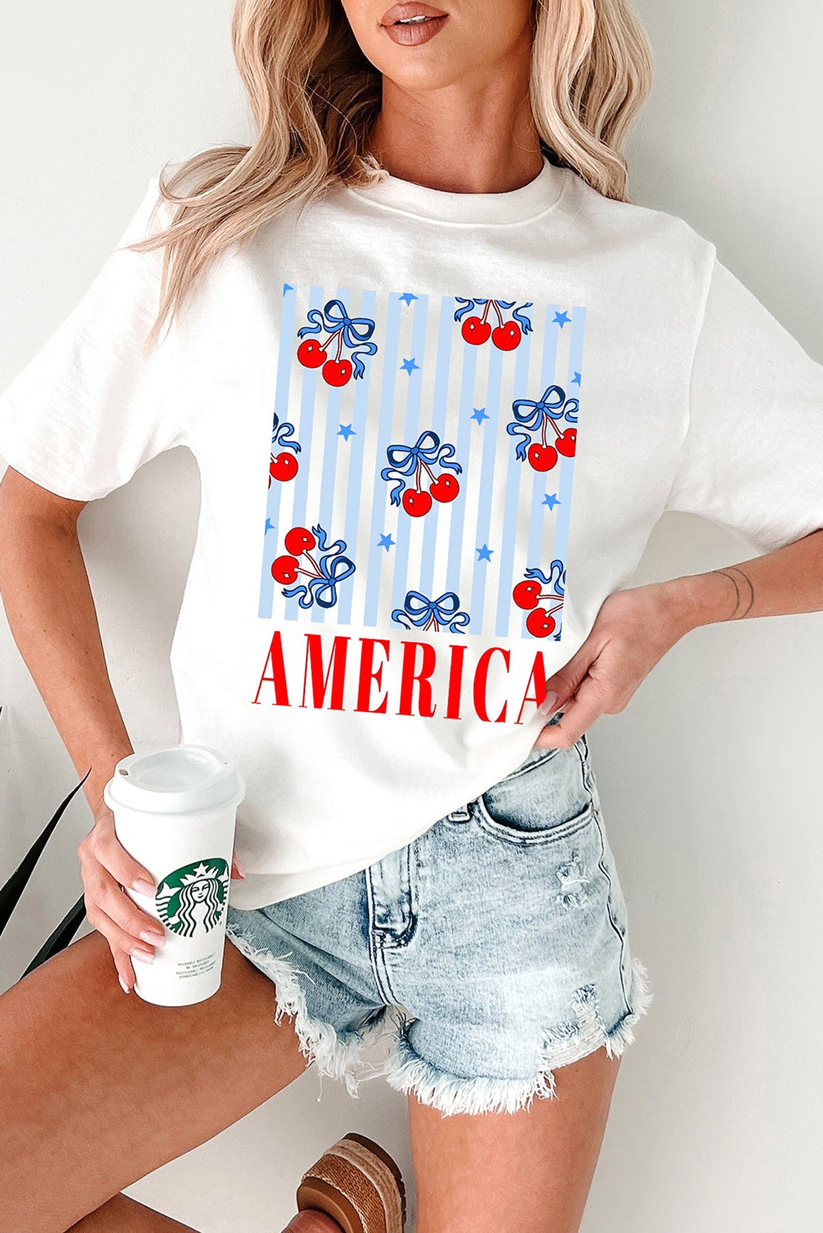 White Bow Cherry AMERICA Graphic Crewneck Patriotic T Shirt - enhanced image 2