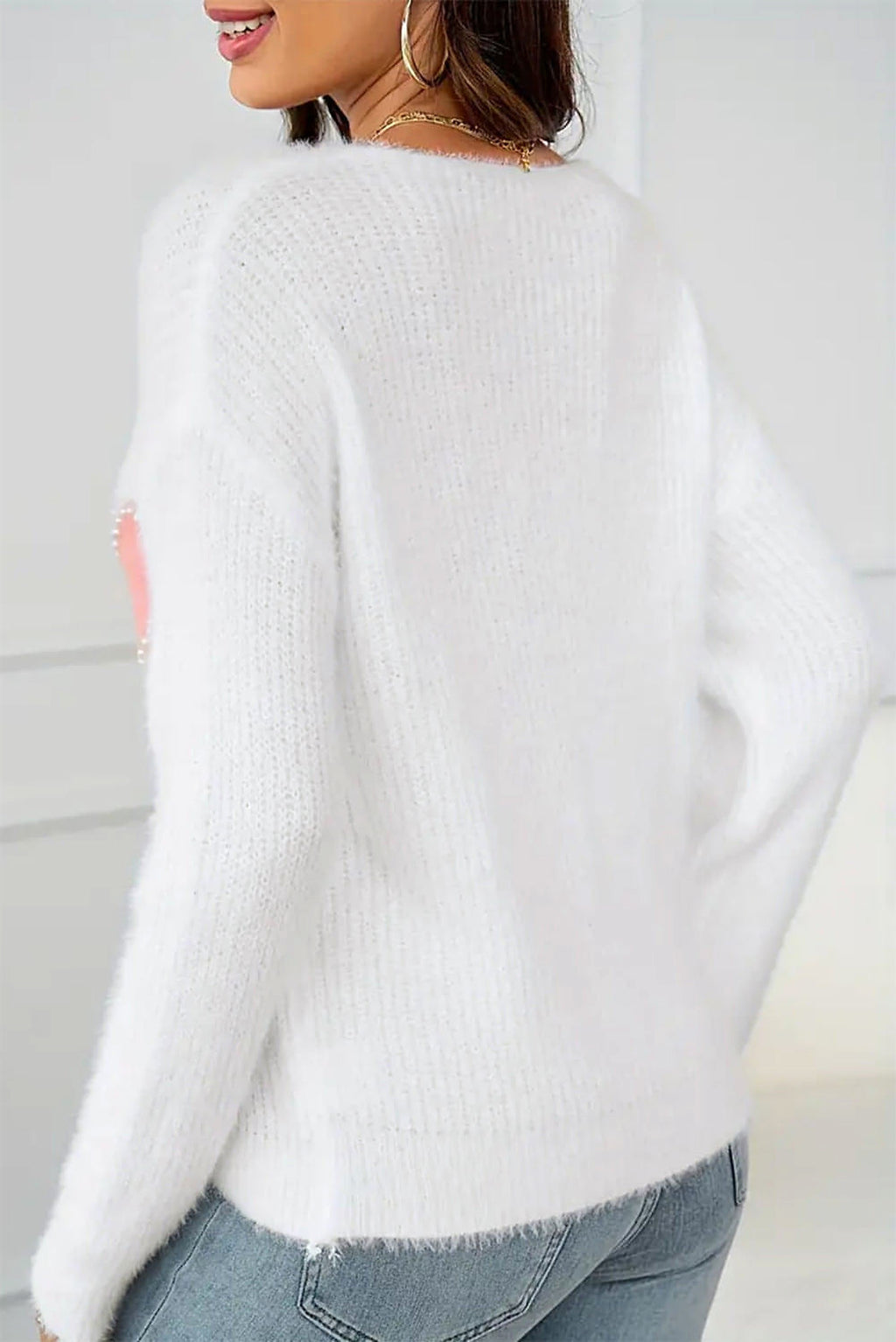 White Pearl Beaded Heart Pattern Fuzzy V Neck Sweater - enhanced image 2