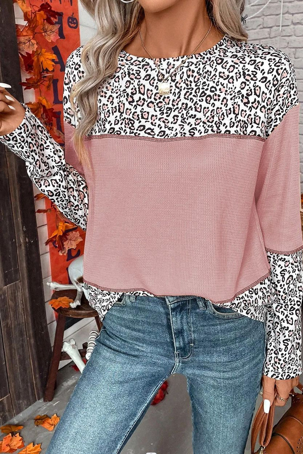Women Round Neck Leopard Splicing Waffle Sweater - enhanced image 2