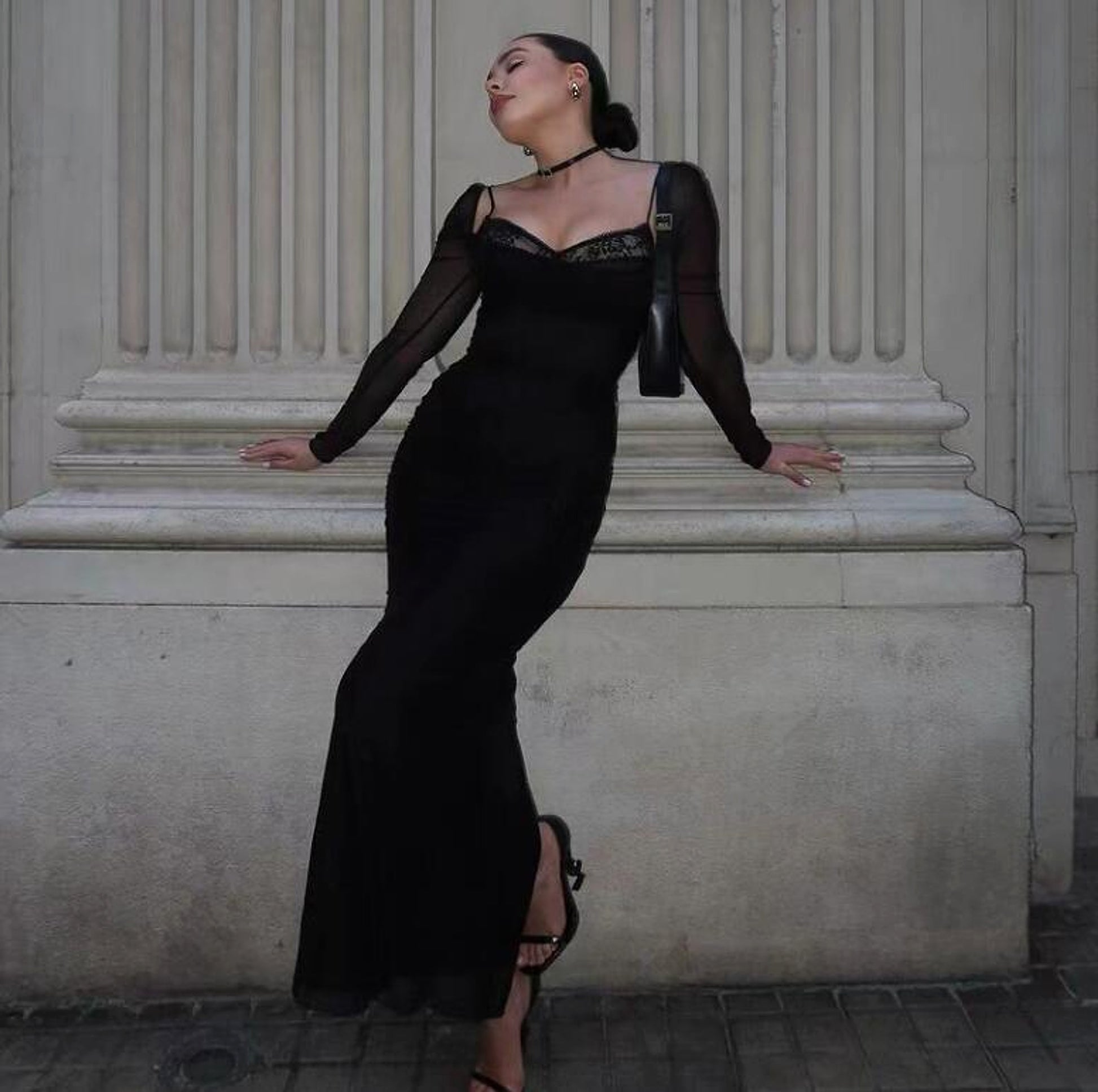 Women's Black With Fishbone Braces Long Sleeve Tight Dress - enhanced image 2