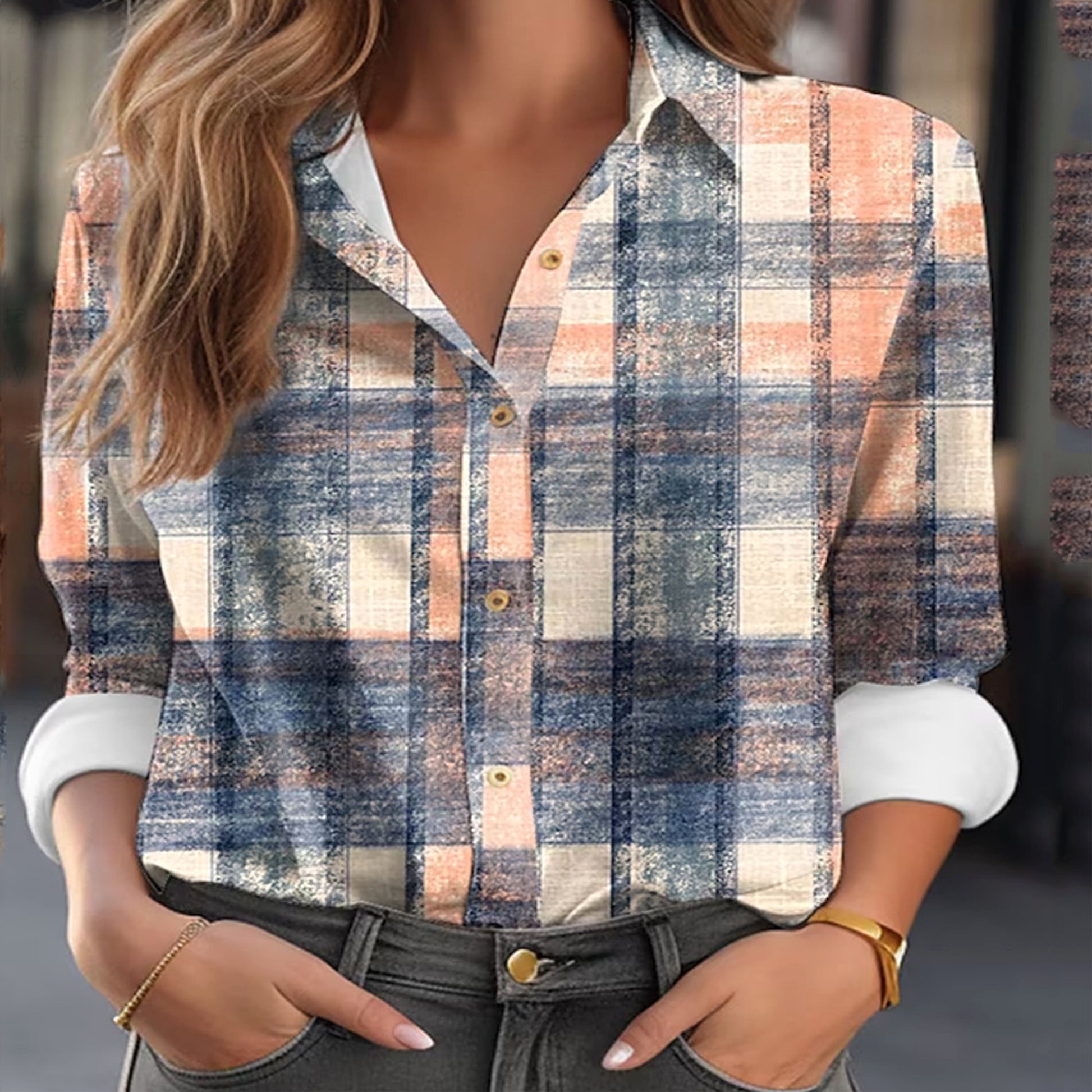 Women's Color Matching Plaid Long-sleeved Dress Shirt - enhanced image 2