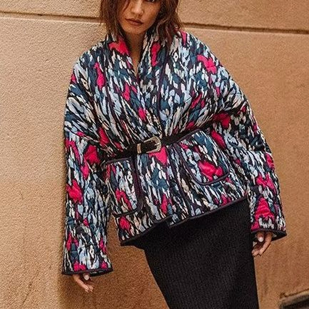 Women's Fashion Temperament Printed Thin Pocket Decorative Cotton-padded Coat Jacket - enhanced image 2