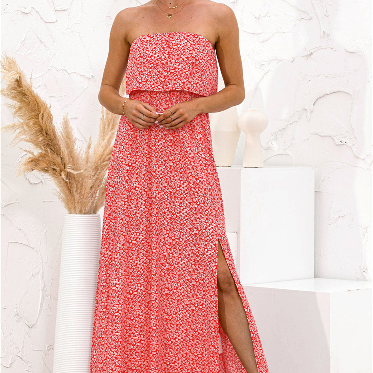 Women's Fashion Tube Top Floral Split Dress - enhanced image 2